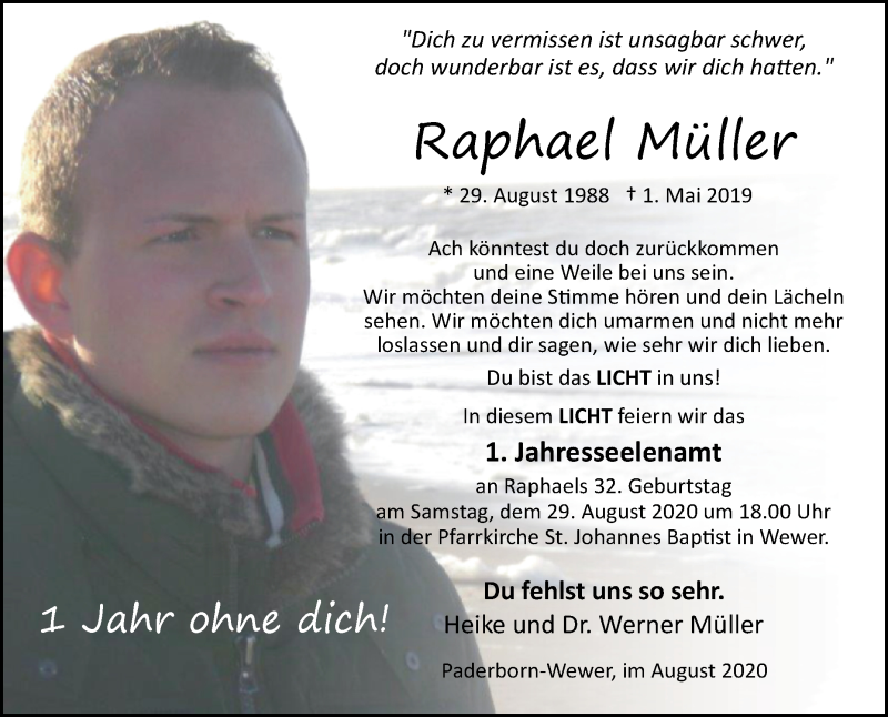  Traueranzeige für Raphael Müller vom 22.08.2020 aus Westfalen-Blatt