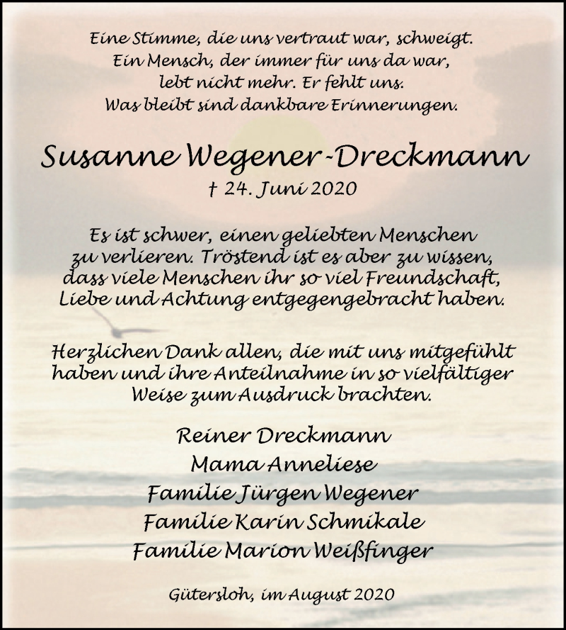  Traueranzeige für Susanne Wegener-Dreckmann vom 15.08.2020 aus Westfalen-Blatt