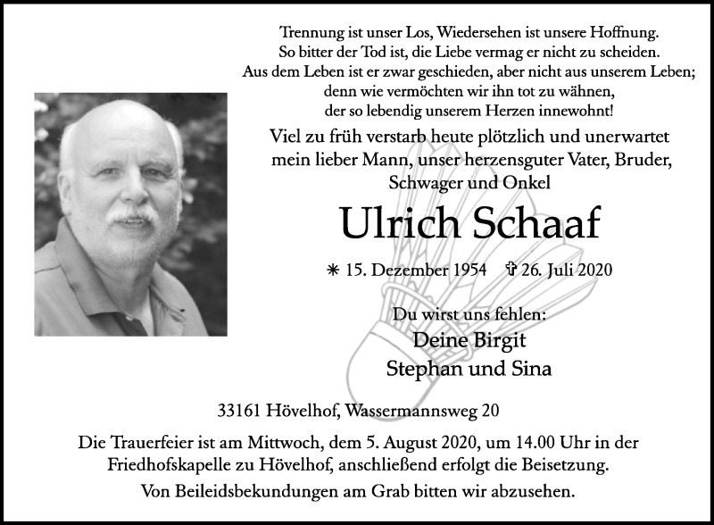  Traueranzeige für Ulrich Schaaf vom 01.08.2020 aus Westfalen-Blatt