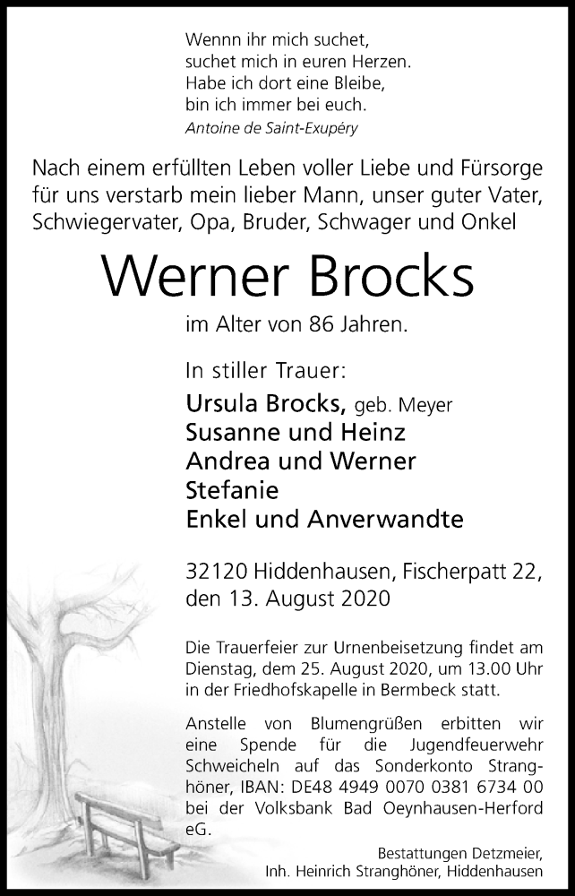  Traueranzeige für Werner Brocks vom 18.08.2020 aus Westfalen-Blatt