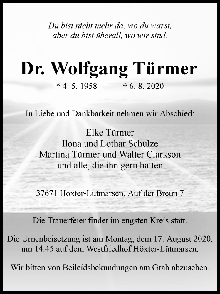  Traueranzeige für Wolfgang Türmer vom 12.08.2020 aus Westfalen-Blatt