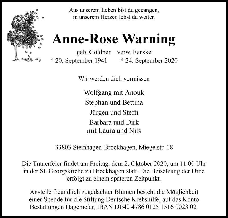  Traueranzeige für Anne-Rose Warning vom 29.09.2020 aus Westfalen-Blatt