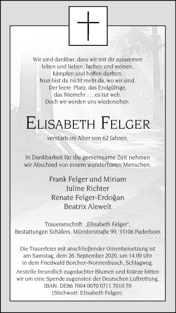 Traueranzeige von Elisabeth Felger von Westfalen-Blatt