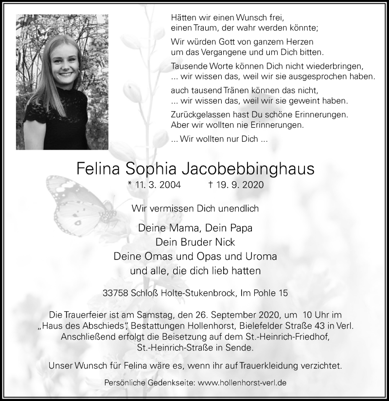  Traueranzeige für Felina Sophia Jacobebbinghaus vom 23.09.2020 aus Westfalen-Blatt