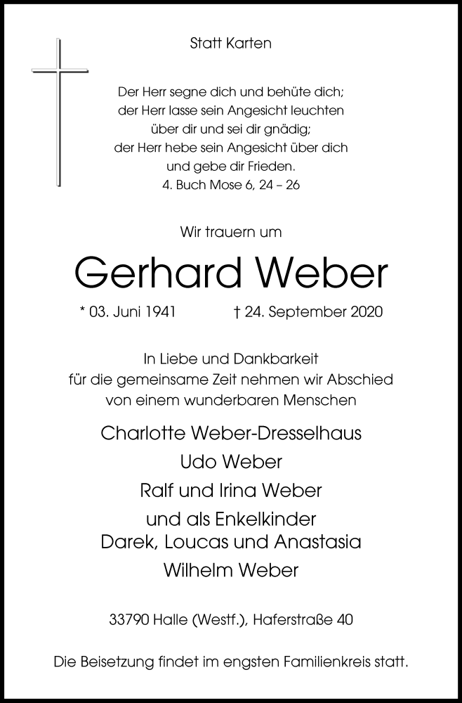  Traueranzeige für Gerhard Weber vom 26.09.2020 aus Westfalen-Blatt