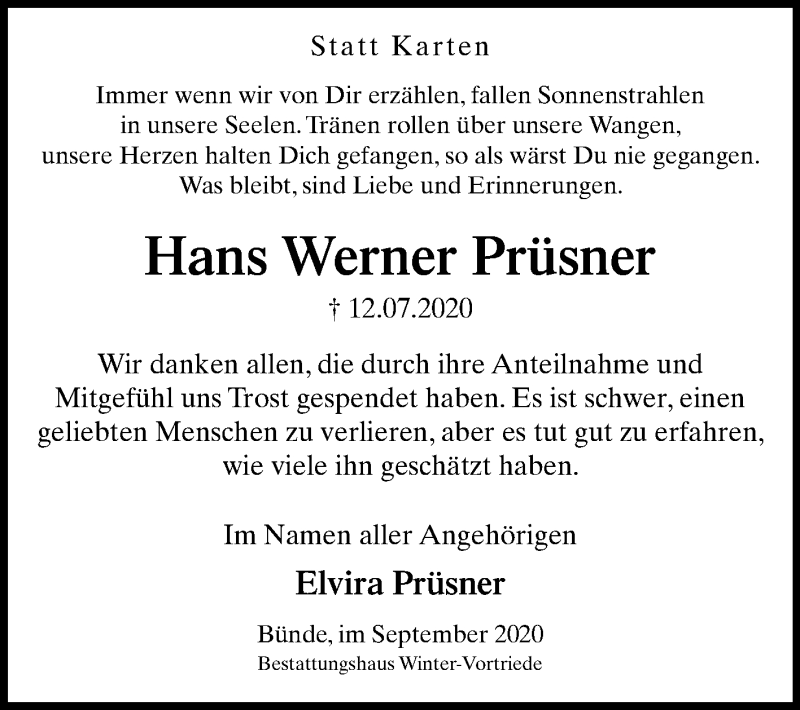  Traueranzeige für Hans Werner Prüsner vom 05.09.2020 aus Westfalen-Blatt