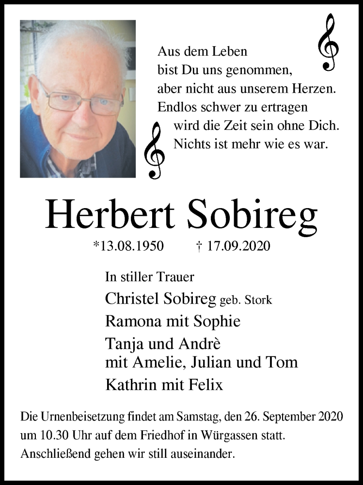  Traueranzeige für Herbert Sobireg vom 23.09.2020 aus Westfalen-Blatt