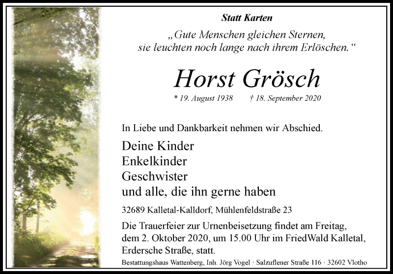  Traueranzeige für Horst Grösch vom 26.09.2020 aus Westfalen-Blatt