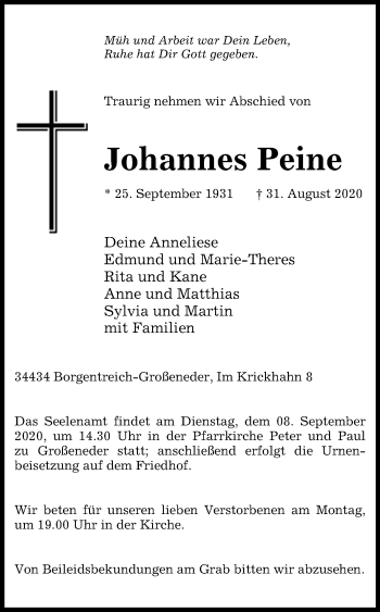 Traueranzeige von Johannes Peine von Westfalen-Blatt