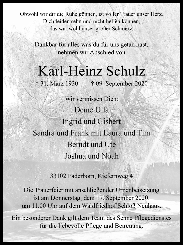  Traueranzeige für Karl-Heinz Schulz vom 12.09.2020 aus Westfalen-Blatt
