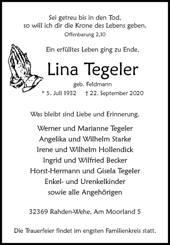 Traueranzeige von Lina Tegeler von Westfalen-Blatt
