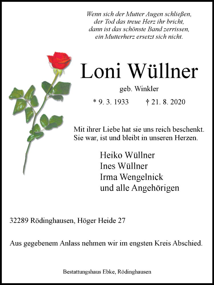  Traueranzeige für Loni Wüllner vom 05.09.2020 aus Westfalen-Blatt