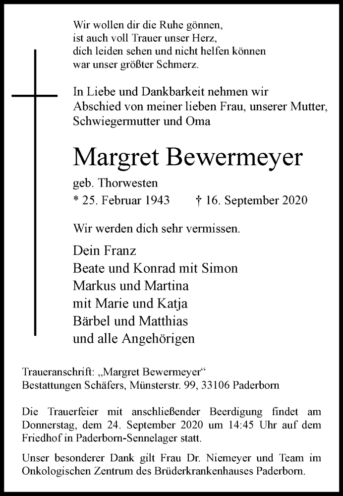  Traueranzeige für Margret Bewermeyer vom 19.09.2020 aus Westfalen-Blatt