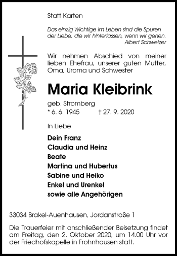 Traueranzeige von Maria Kleibrink von Westfalen-Blatt