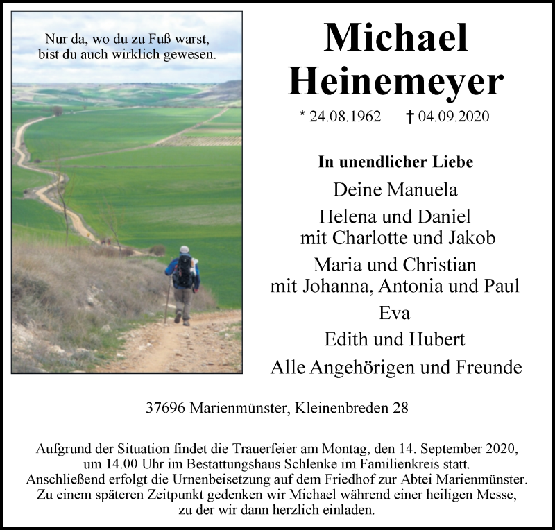  Traueranzeige für Michael Heinemeyer vom 12.09.2020 aus Westfalen-Blatt