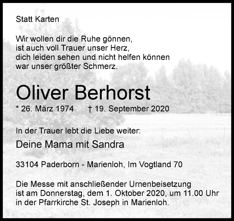  Traueranzeige für Oliver Berhorst vom 26.09.2020 aus Westfalen-Blatt