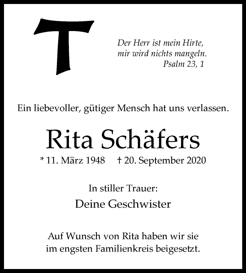  Traueranzeige für Rita Schäfers vom 26.09.2020 aus Westfalen-Blatt