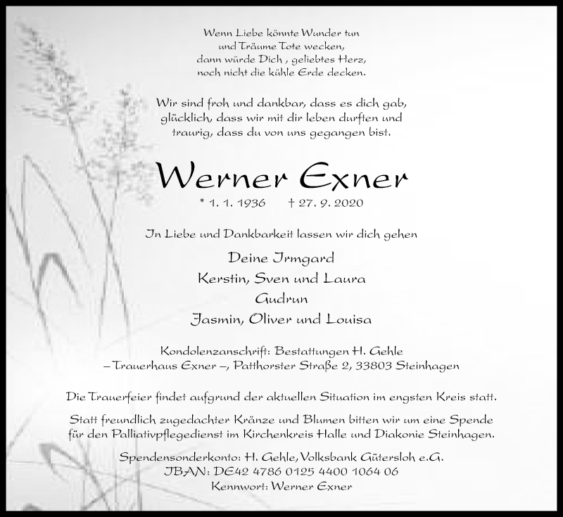  Traueranzeige für Werner Exner vom 30.09.2020 aus Westfalen-Blatt