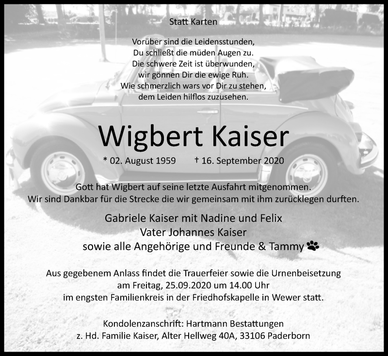  Traueranzeige für Wigbert Kaiser vom 19.09.2020 aus Westfalen-Blatt