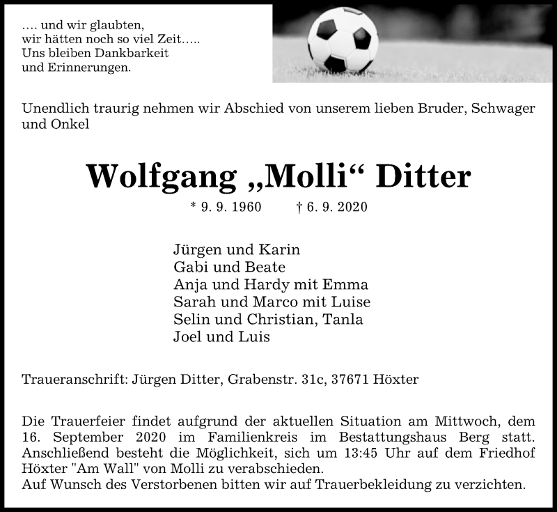  Traueranzeige für Wolfgang  Ditter vom 12.09.2020 aus Westfalen-Blatt