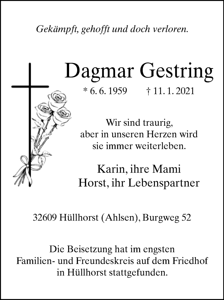  Traueranzeige für Dagmar Gestring vom 30.01.2021 aus Westfalen-Blatt