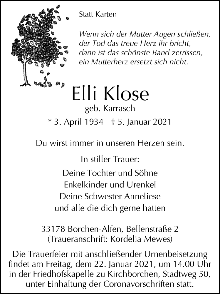  Traueranzeige für Elli Klose vom 16.01.2021 aus Westfalen-Blatt