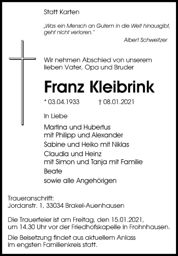 Traueranzeige von Franz Kleibrink von Westfalen-Blatt