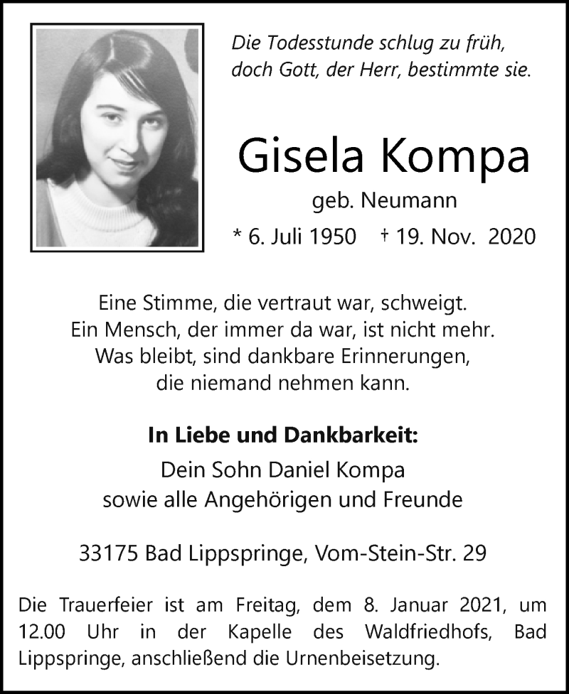  Traueranzeige für Gisela Kompa vom 06.01.2021 aus Westfalen-Blatt