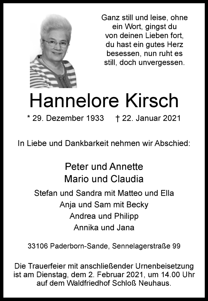  Traueranzeige für Hannelore Kirsch vom 29.01.2021 aus Westfalen-Blatt