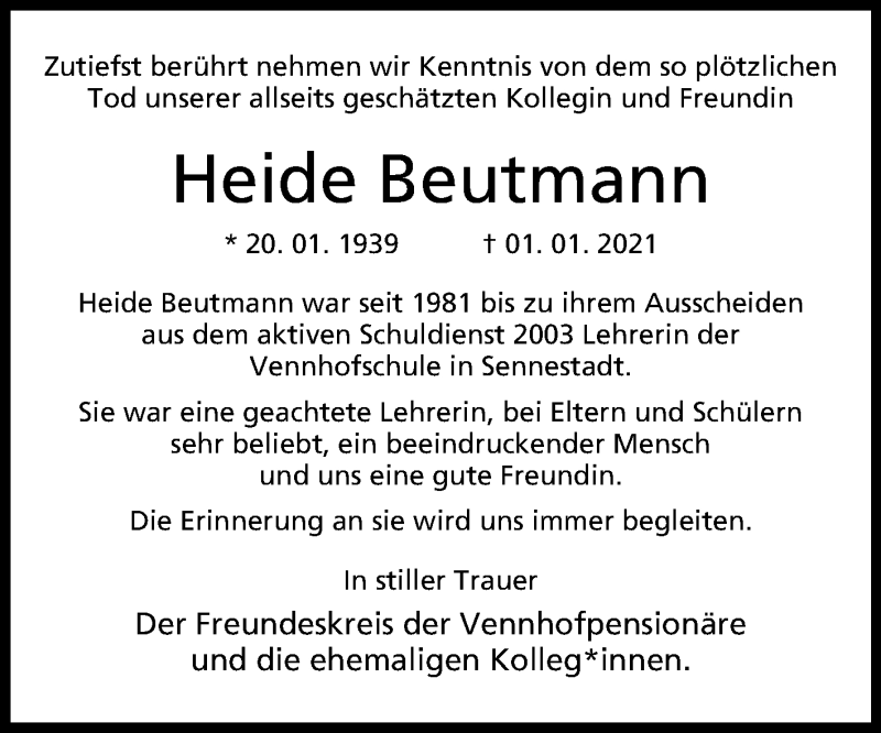  Traueranzeige für Heide Beutmann vom 09.01.2021 aus Westfalen-Blatt