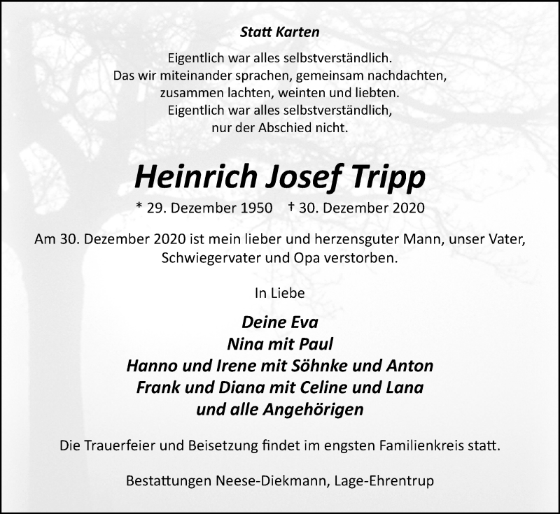 Traueranzeige für Heinrich Josef Tripp vom 09.01.2021 aus Westfalen-Blatt