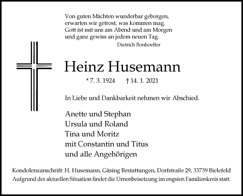  Traueranzeige für Heinz Husemann vom 16.01.2021 aus Westfalen-Blatt