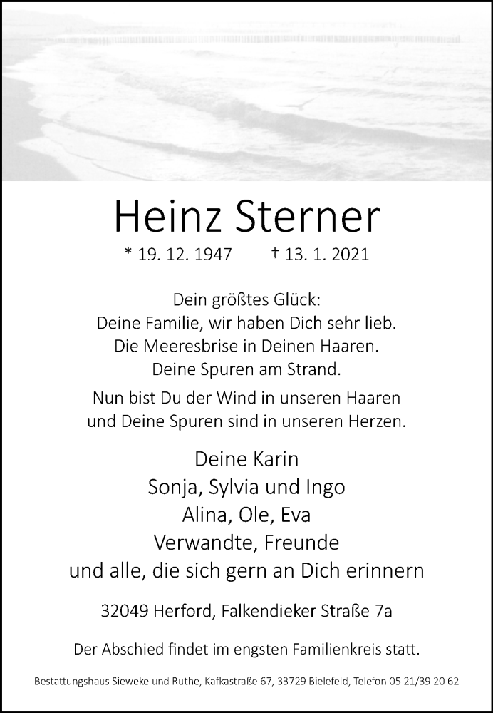 Traueranzeige für Heinz Sterner vom 21.01.2021 aus Westfalen-Blatt