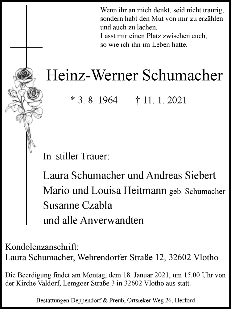  Traueranzeige für Heinz-Werner Schumacher vom 14.01.2021 aus Westfalen-Blatt