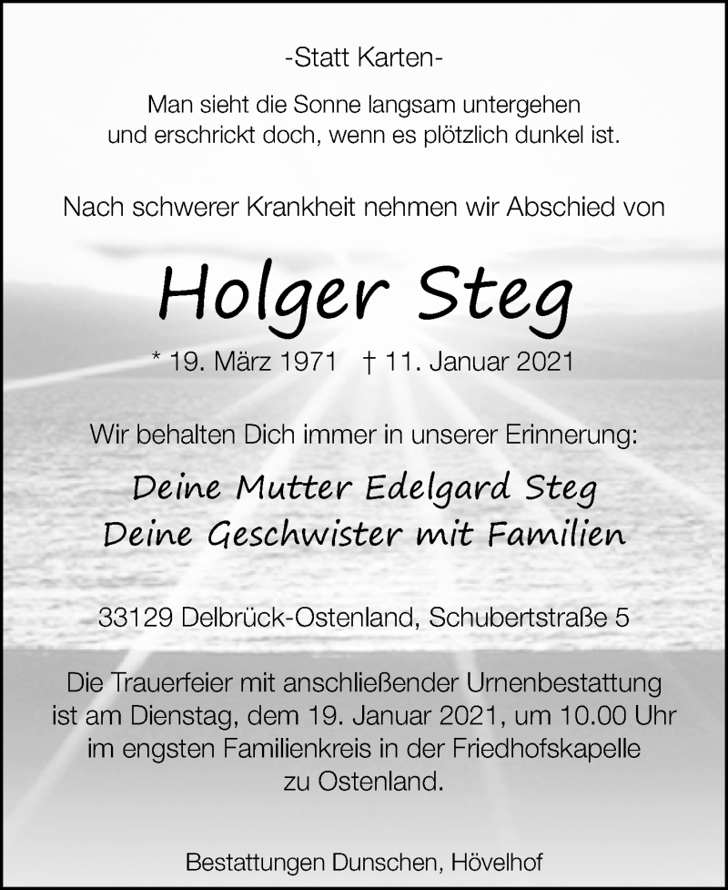 Traueranzeige für Holger Steg vom 16.01.2021 aus Westfalen-Blatt