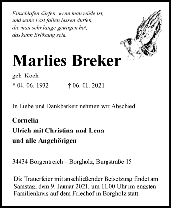 Traueranzeige von Marlies Breker von Westfalen-Blatt