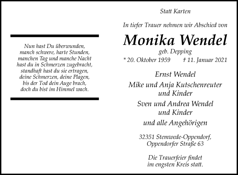  Traueranzeige für Monika Wendel vom 13.01.2021 aus Westfalen-Blatt
