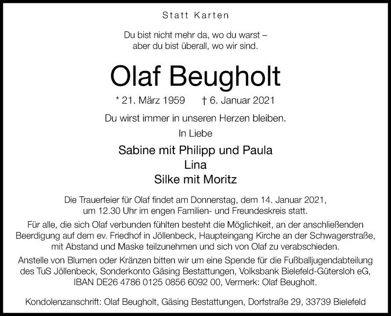 Traueranzeige für Olaf Beugholt vom 09.01.2021 aus Westfalen-Blatt
