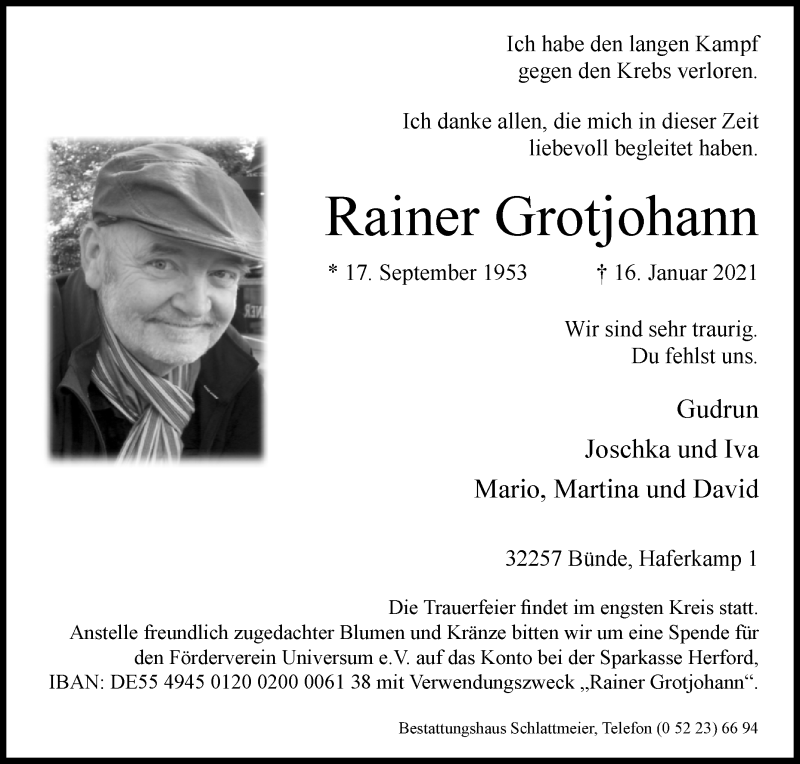  Traueranzeige für Rainer Grotjohann vom 23.01.2021 aus Westfalen-Blatt