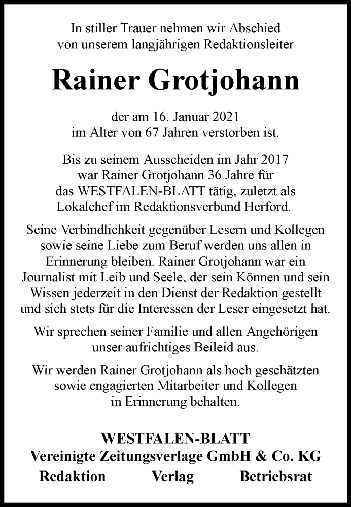  Traueranzeige für Rainer Grotjohann vom 23.01.2021 aus Westfalen-Blatt