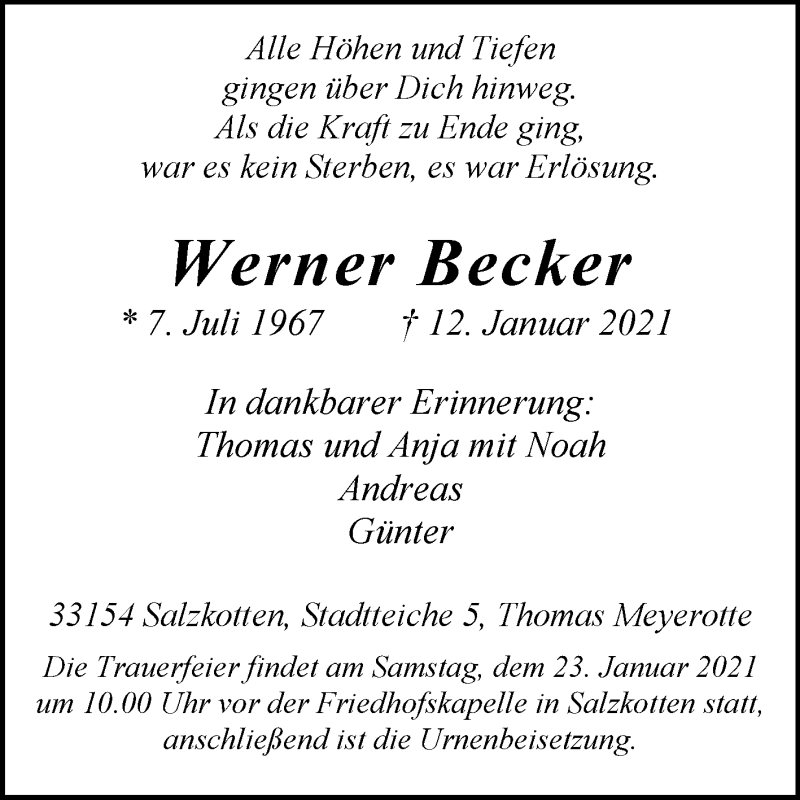  Traueranzeige für Werner Becker vom 16.01.2021 aus Westfalen-Blatt