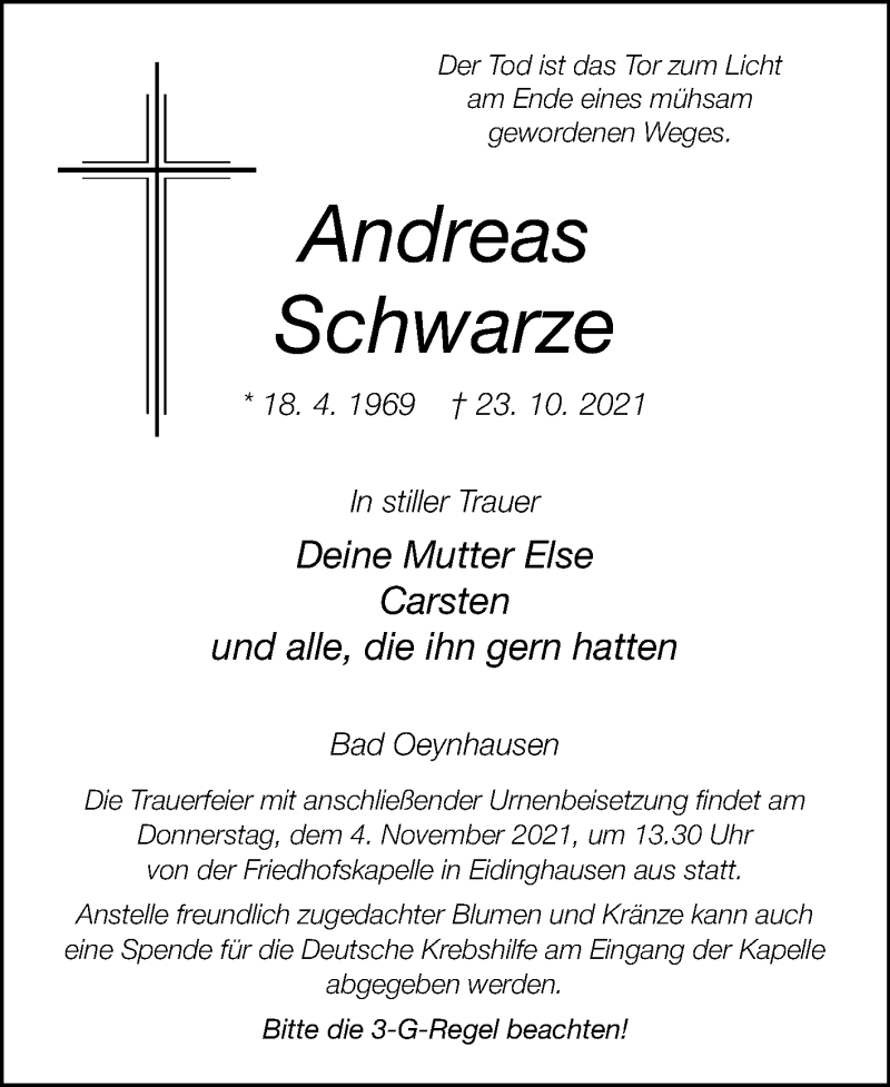  Traueranzeige für Andreas Schwarze vom 30.10.2021 aus Westfalen-Blatt