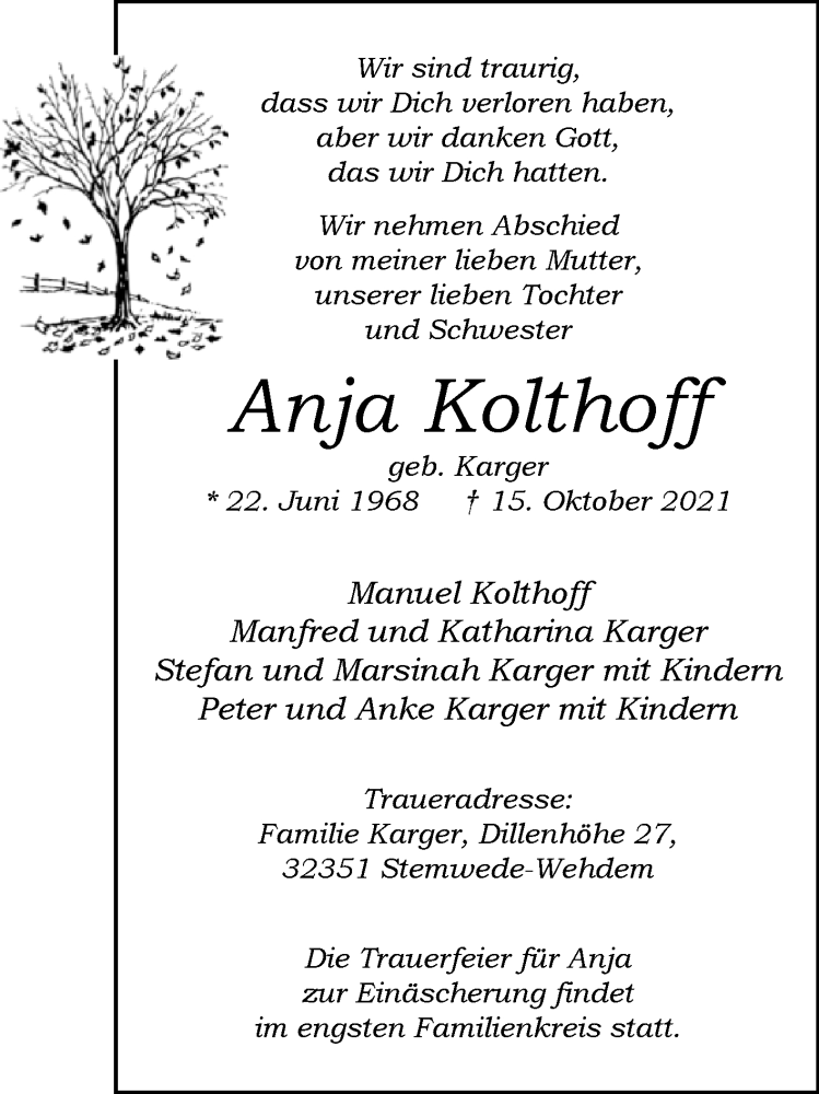  Traueranzeige für Anja Kolthoff vom 19.10.2021 aus Westfalen-Blatt