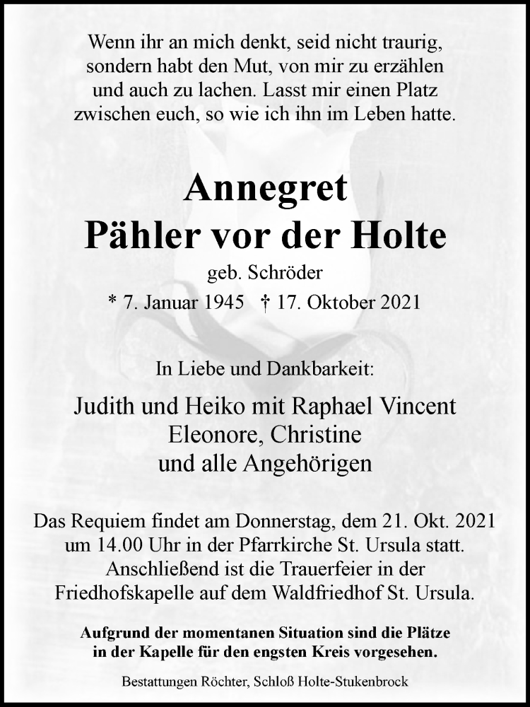  Traueranzeige für Annegret Pähler vor der Holte vom 19.10.2021 aus Westfalen-Blatt