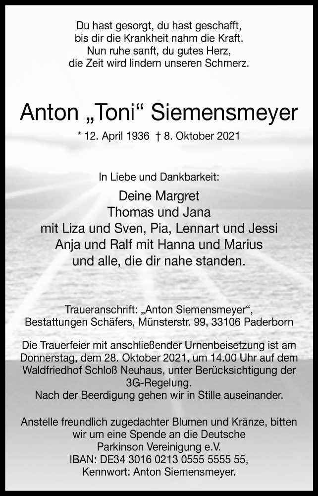  Traueranzeige für Anton Siemensmeyer vom 23.10.2021 aus Westfalen-Blatt