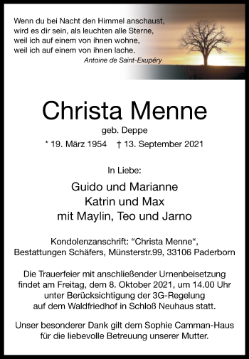 Traueranzeige von Christa Menne von Westfalen-Blatt