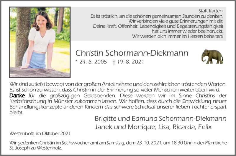  Traueranzeige für Christin Schormann-Diekmann vom 16.10.2021 aus Westfalen-Blatt