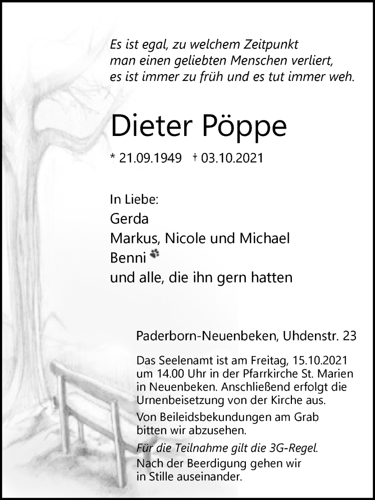  Traueranzeige für Dieter Pöppe vom 09.10.2021 aus Westfalen-Blatt