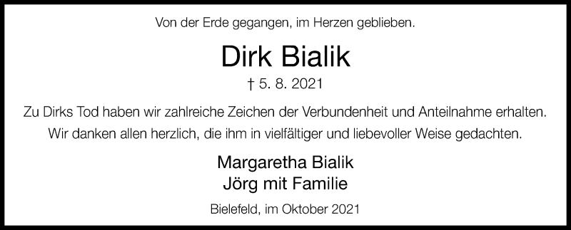  Traueranzeige für Dirk Bialik vom 16.10.2021 aus Westfalen-Blatt