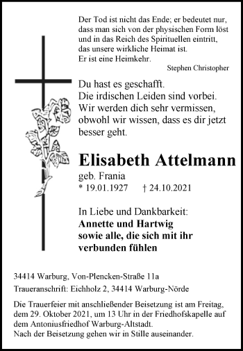Traueranzeige von Elisabeth Attelmann von Westfalen-Blatt